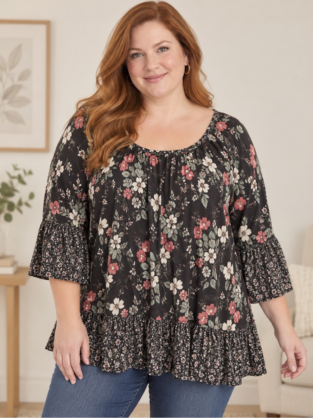 Style & Co. Black Floral Peasant Blouse with Ruffle Hem
